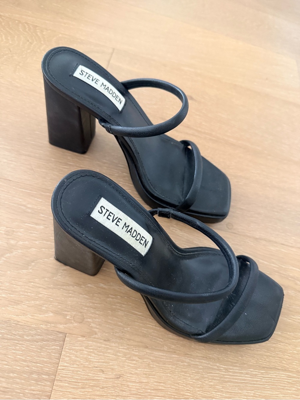 Steve Madden Black Minimal Double-Strap Block Heels